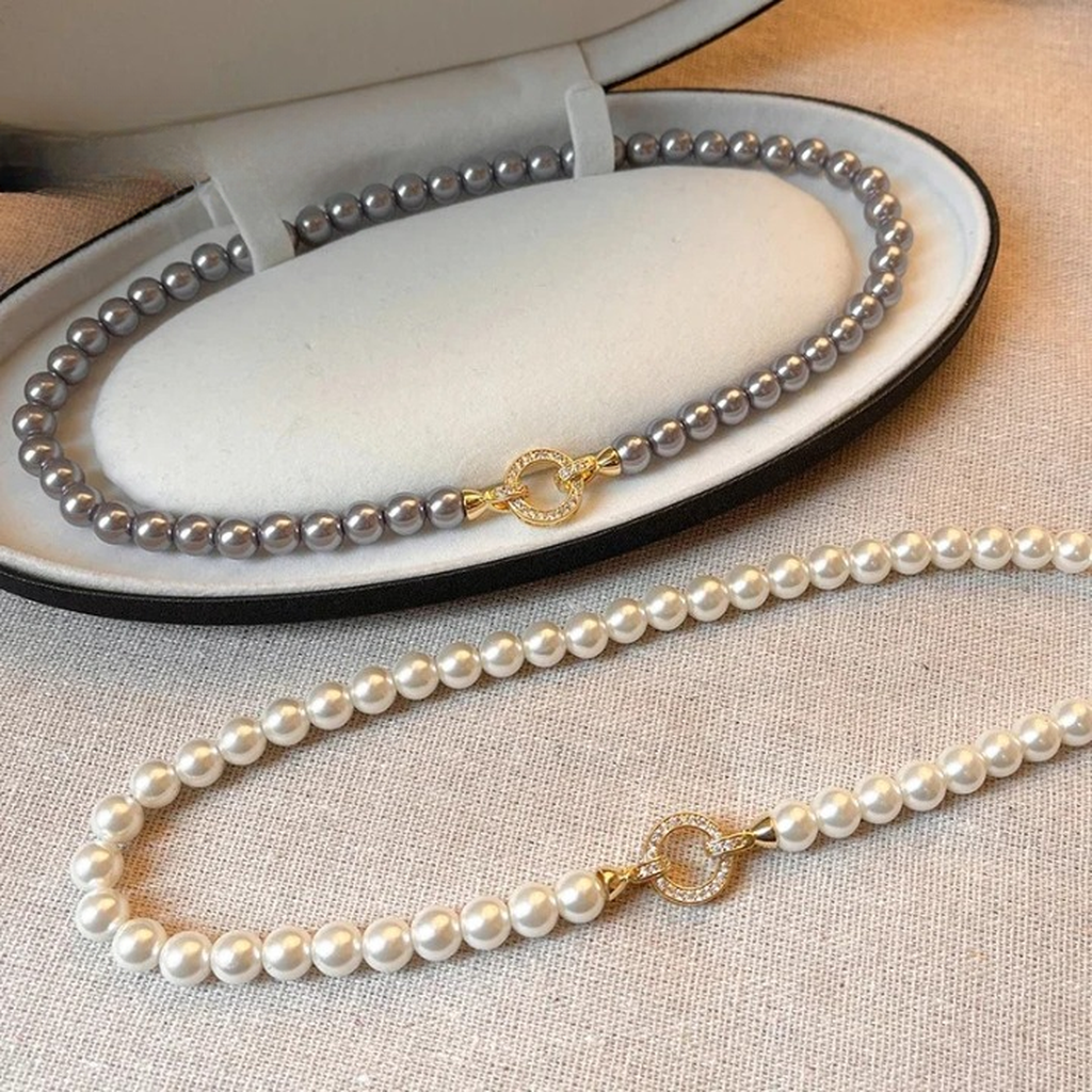 Zirconia Round Buckle Imitation Pearl Beaded Necklace